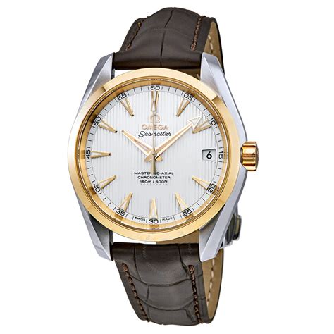 omega aqua terra silver dial brown leather mens